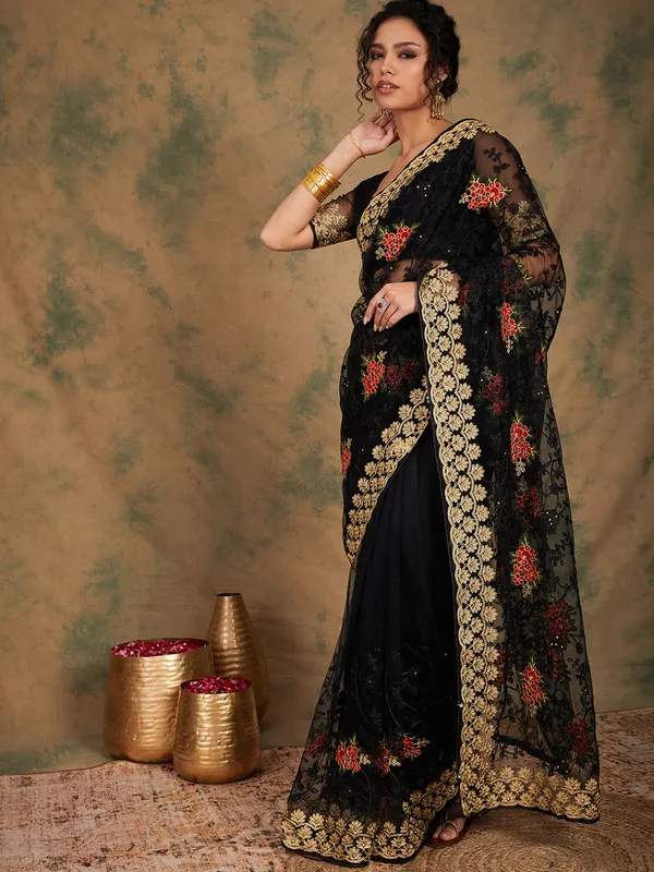 Black_Supernet_Embroidered_Banarasi_Saree_With_Unstitched_Blouse_For_Women