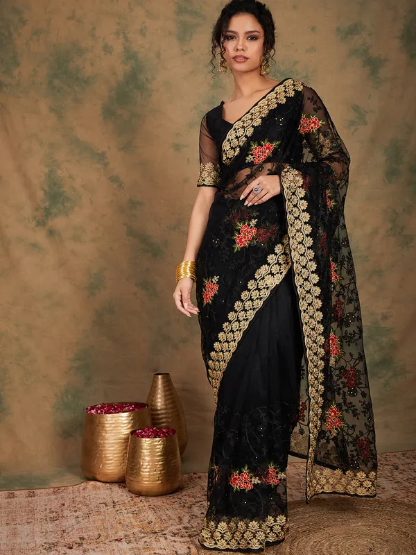 Black_Supernet_Embroidered_Banarasi_Saree_With_Unstitched_Blouse_For_Women
