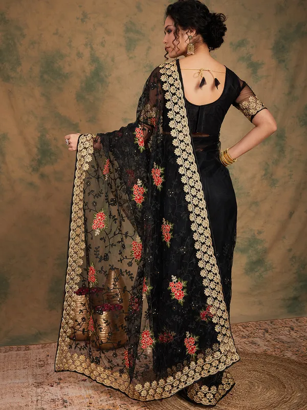 Black_Supernet_Embroidered_Banarasi_Saree_With_Unstitched_Blouse_For_Women