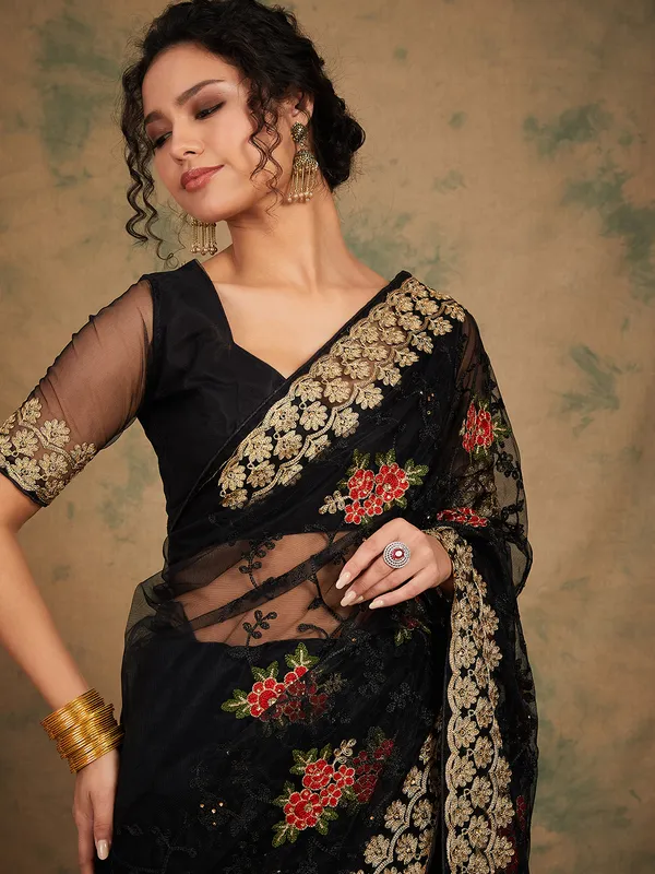 Black_Supernet_Embroidered_Banarasi_Saree_With_Unstitched_Blouse_For_Women