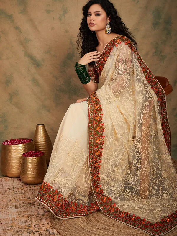 White_Supernet_Embroidered_Banarasi_Saree_With_Unstitched_Blouse_For_Women