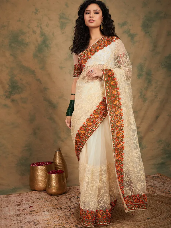 White_Supernet_Embroidered_Banarasi_Saree_With_Unstitched_Blouse_For_Women