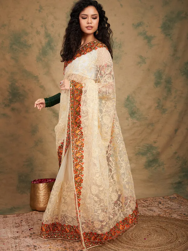 White_Supernet_Embroidered_Banarasi_Saree_With_Unstitched_Blouse_For_Women