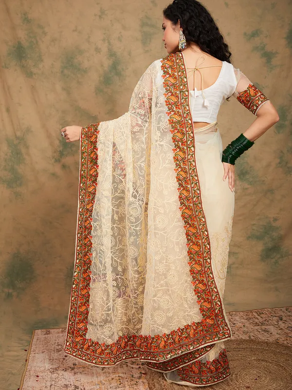 White_Supernet_Embroidered_Banarasi_Saree_With_Unstitched_Blouse_For_Women