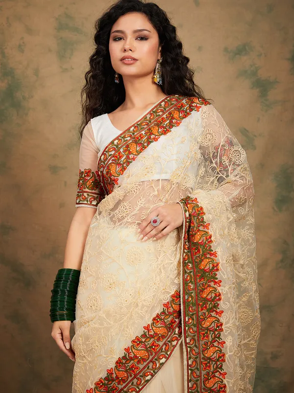 White_Supernet_Embroidered_Banarasi_Saree_With_Unstitched_Blouse_For_Women