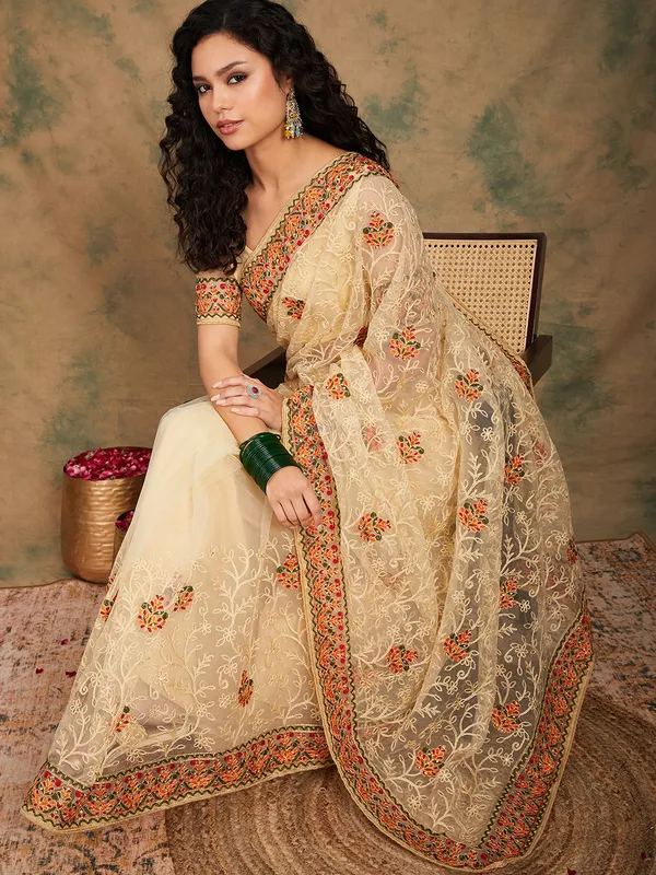Brown_Supernet_Embroidered_Banarasi_Saree_With_Unstitched_Blouse_For_Women
