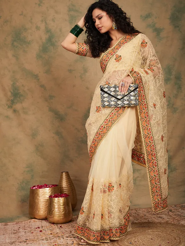 Brown_Supernet_Embroidered_Banarasi_Saree_With_Unstitched_Blouse_For_Women
