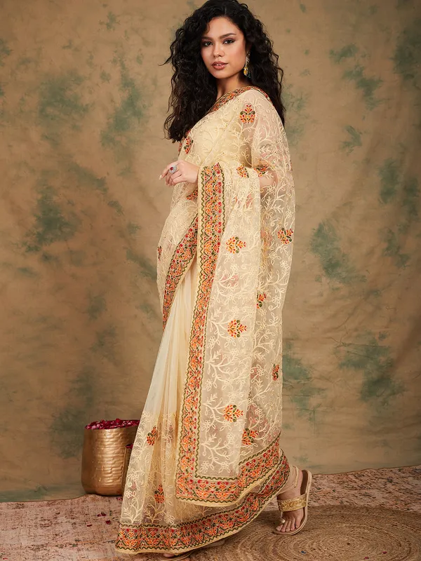 Brown_Supernet_Embroidered_Banarasi_Saree_With_Unstitched_Blouse_For_Women