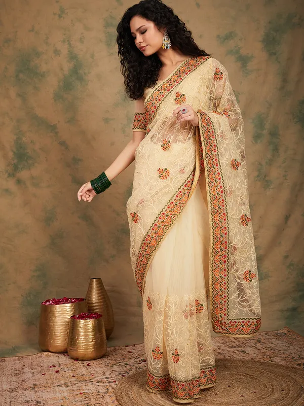 Brown_Supernet_Embroidered_Banarasi_Saree_With_Unstitched_Blouse_For_Women