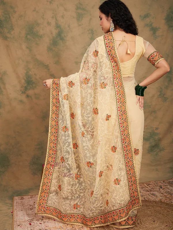 Brown_Supernet_Embroidered_Banarasi_Saree_With_Unstitched_Blouse_For_Women
