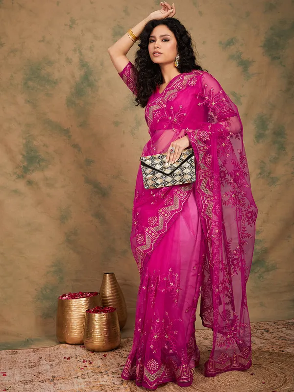 Pink_Supernet_Embroidered_Banarasi_Saree_With_Unstitched_Blouse_For_Women