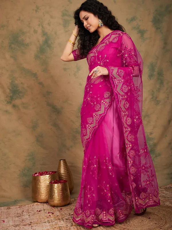 Pink_Supernet_Embroidered_Banarasi_Saree_With_Unstitched_Blouse_For_Women