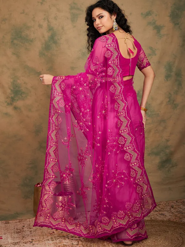 Pink_Supernet_Embroidered_Banarasi_Saree_With_Unstitched_Blouse_For_Women