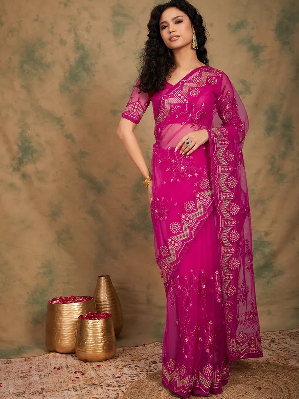Pink_Supernet_Embroidered_Banarasi_Saree_With_Unstitched_Blouse_For_Women