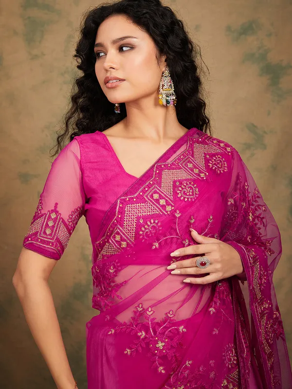 Pink_Supernet_Embroidered_Banarasi_Saree_With_Unstitched_Blouse_For_Women