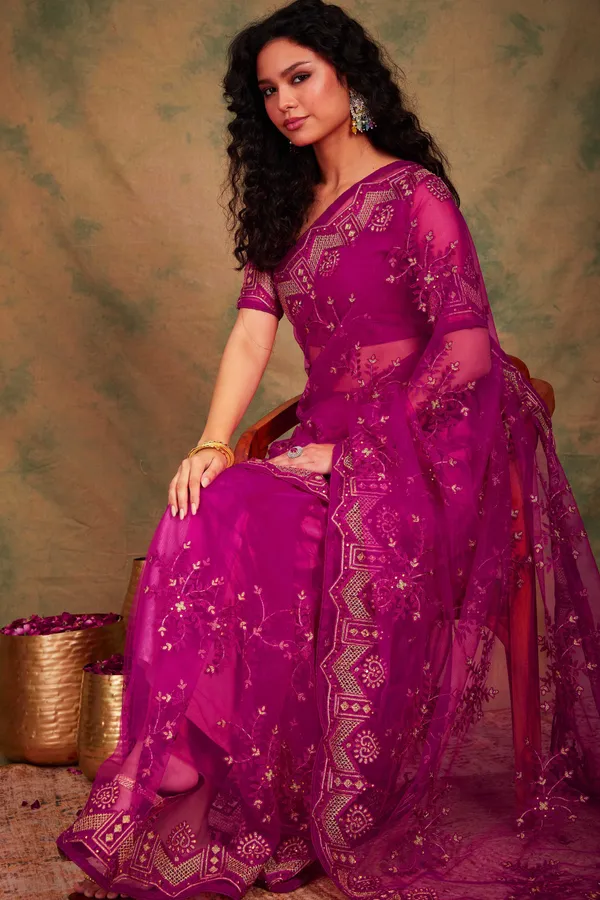 Pink_Supernet_Embroidered_Banarasi_Saree_With_Unstitched_Blouse_For_Women