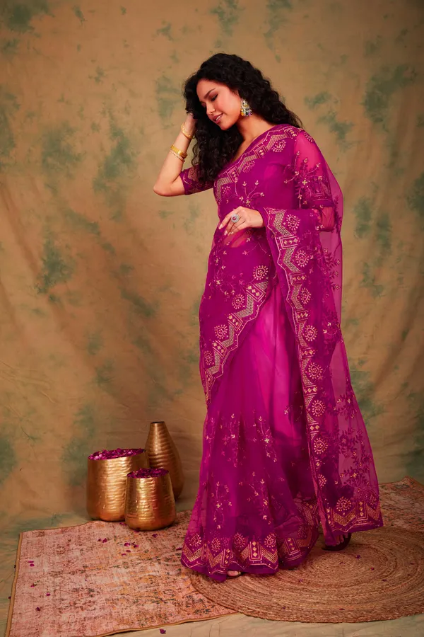 Pink_Supernet_Embroidered_Banarasi_Saree_With_Unstitched_Blouse_For_Women
