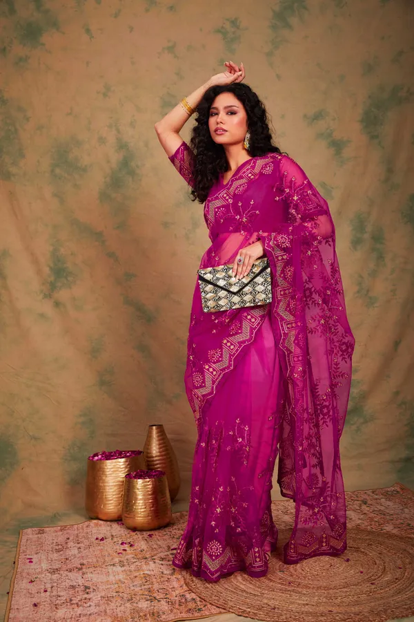 Pink_Supernet_Embroidered_Banarasi_Saree_With_Unstitched_Blouse_For_Women