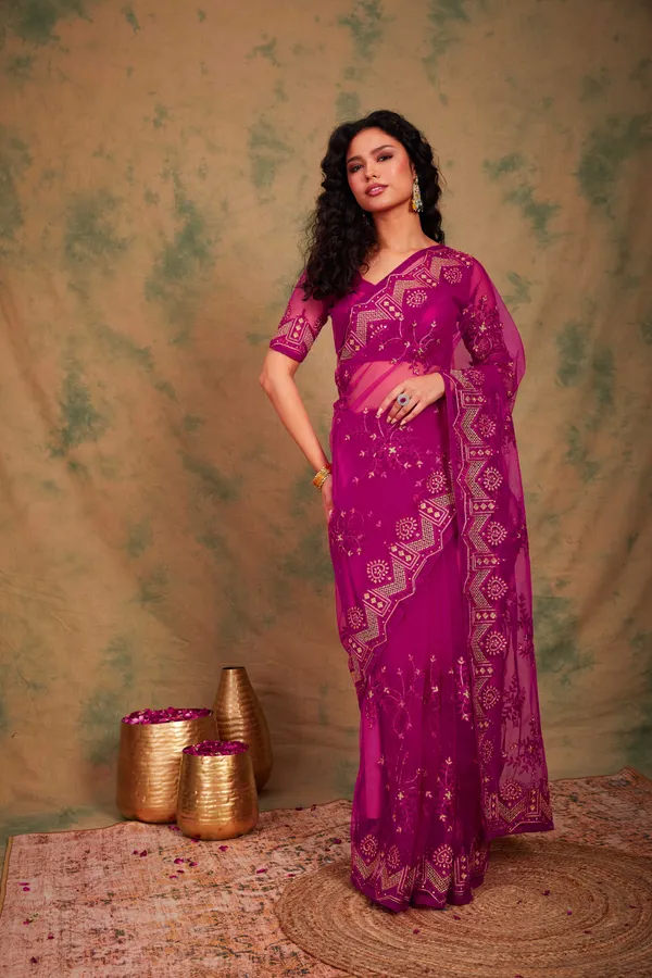Pink_Supernet_Embroidered_Banarasi_Saree_With_Unstitched_Blouse_For_Women