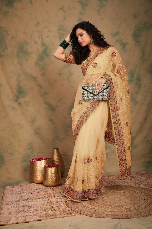 Brown_Supernet_Embroidered_Banarasi_Saree_With_Unstitched_Blouse_For_Women