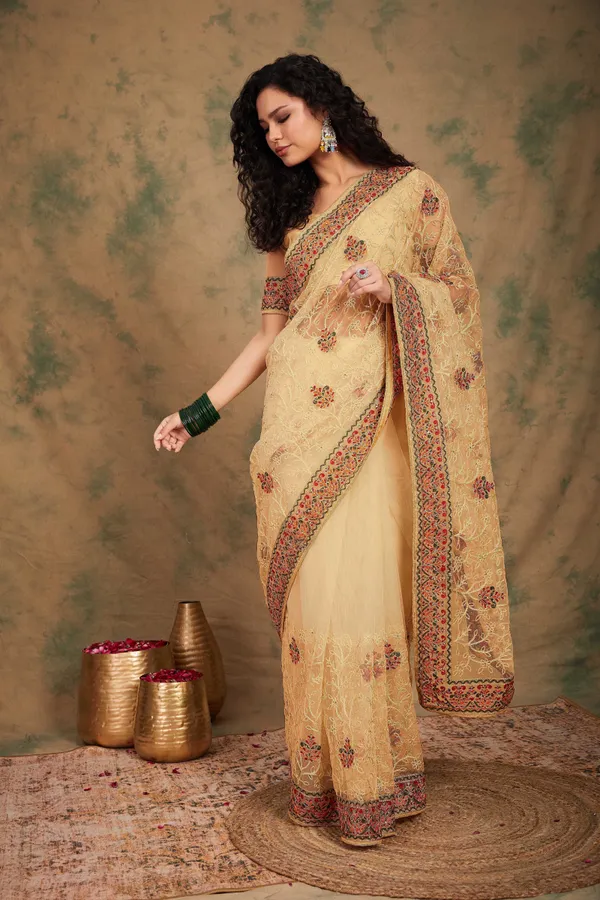 Brown_Supernet_Embroidered_Banarasi_Saree_With_Unstitched_Blouse_For_Women