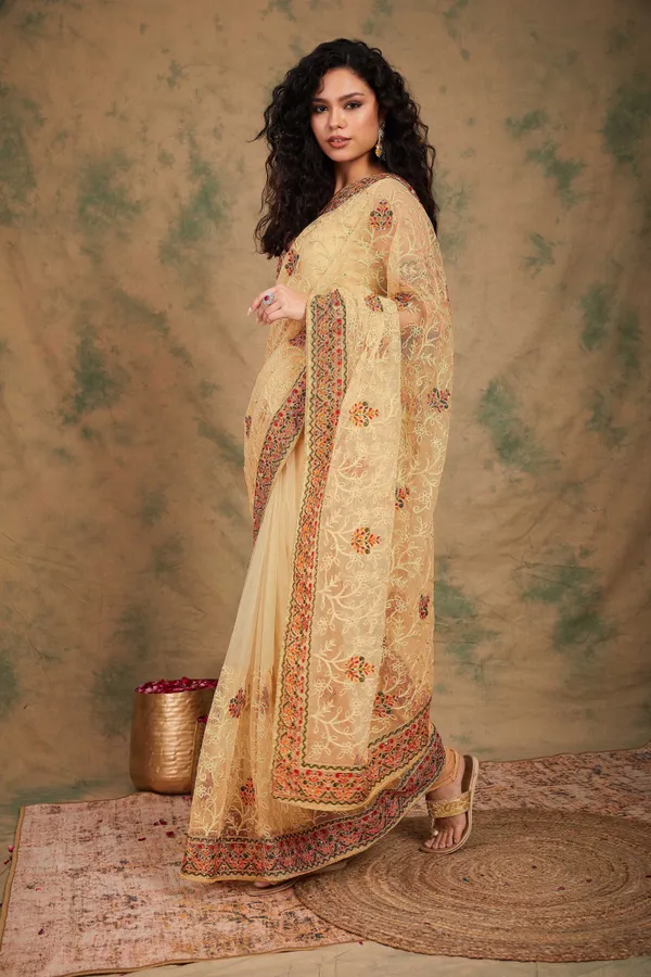 Brown_Supernet_Embroidered_Banarasi_Saree_With_Unstitched_Blouse_For_Women