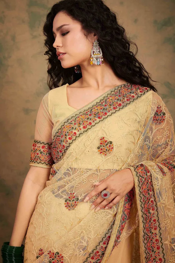 Brown_Supernet_Embroidered_Banarasi_Saree_With_Unstitched_Blouse_For_Women