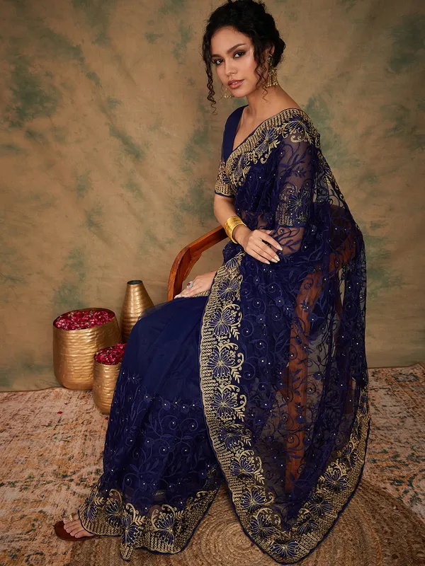 Dark_Blue_Supernet_Embroidered_Banarasi_Saree_With_Unstitched_Blouse_For_Women