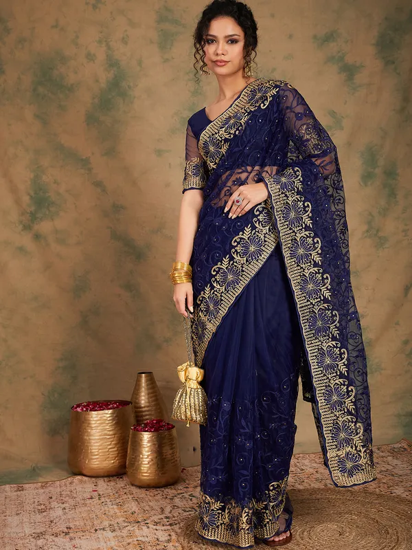 Dark_Blue_Supernet_Embroidered_Banarasi_Saree_With_Unstitched_Blouse_For_Women