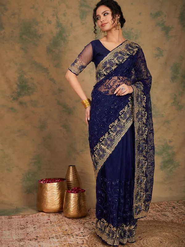 Dark_Blue_Supernet_Embroidered_Banarasi_Saree_With_Unstitched_Blouse_For_Women