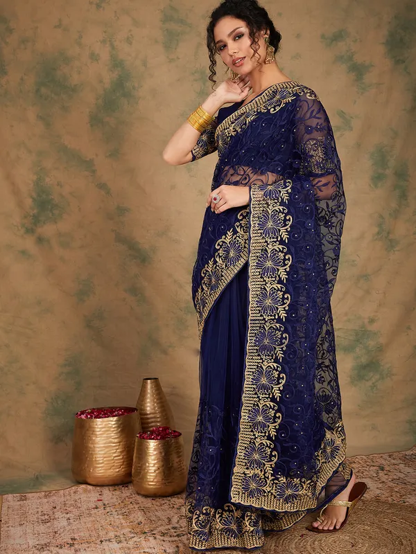 Dark_Blue_Supernet_Embroidered_Banarasi_Saree_With_Unstitched_Blouse_For_Women
