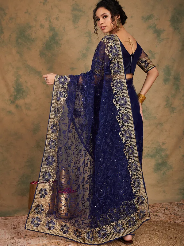 Dark_Blue_Supernet_Embroidered_Banarasi_Saree_With_Unstitched_Blouse_For_Women