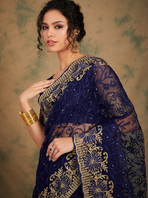Dark_Blue_Supernet_Embroidered_Banarasi_Saree_With_Unstitched_Blouse_For_Women