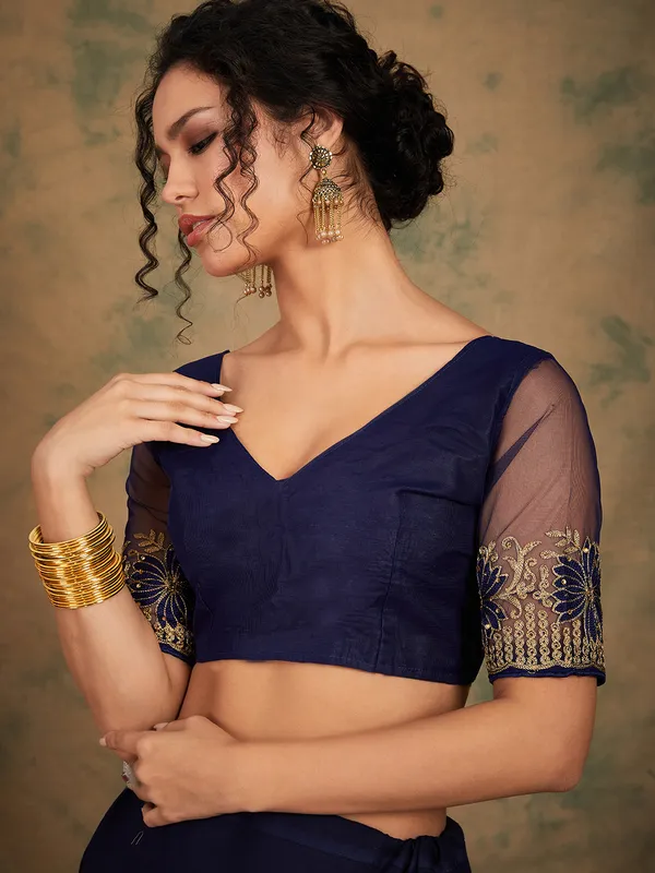 Dark_Blue_Supernet_Embroidered_Banarasi_Saree_With_Unstitched_Blouse_For_Women