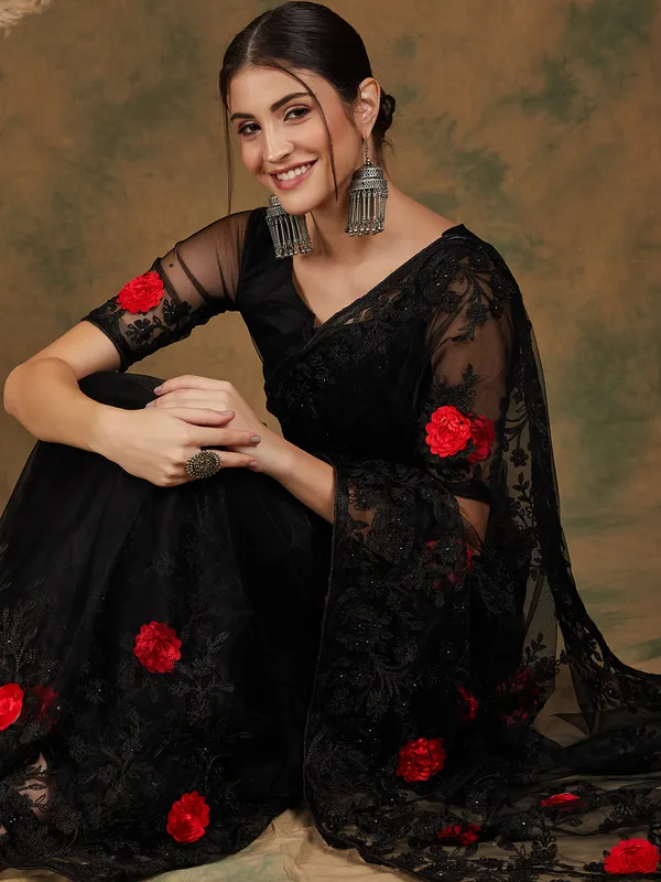 Black_Supernet_Embroidered_Banarasi_Saree_With_Unstitched_Blouse_For_Women
