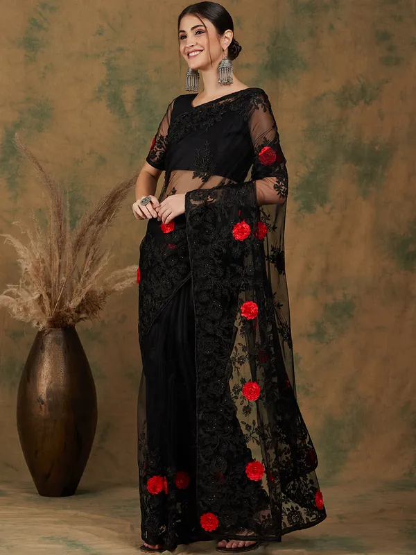 Black_Supernet_Embroidered_Banarasi_Saree_With_Unstitched_Blouse_For_Women