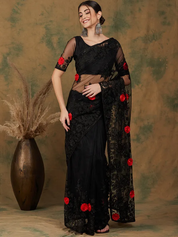 Black_Supernet_Embroidered_Banarasi_Saree_With_Unstitched_Blouse_For_Women