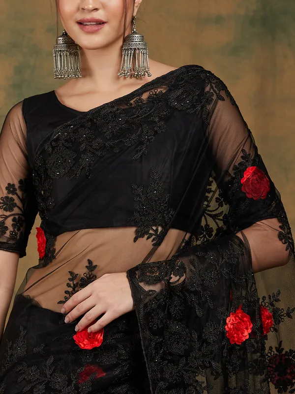 Black_Supernet_Embroidered_Banarasi_Saree_With_Unstitched_Blouse_For_Women