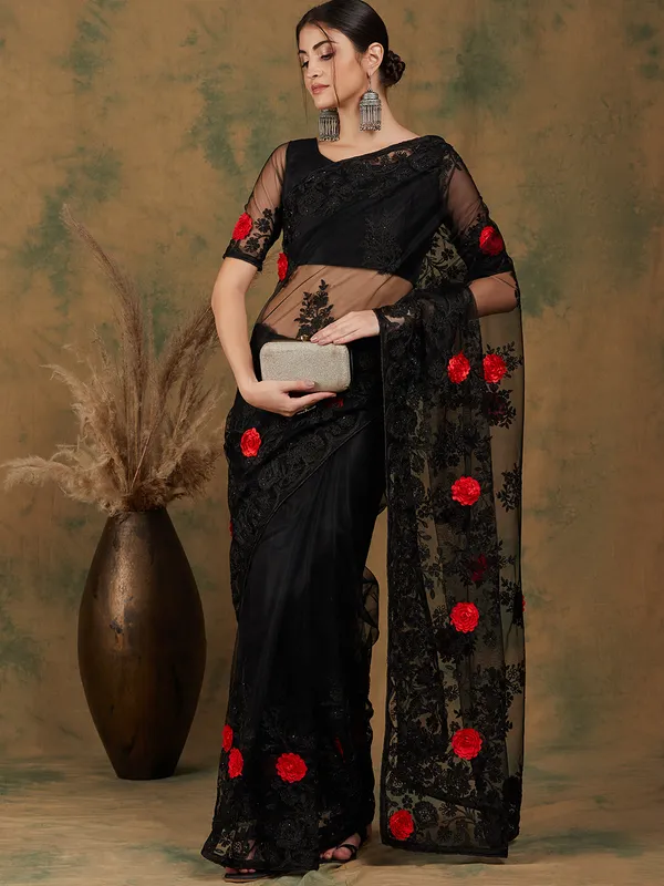 Black_Supernet_Embroidered_Banarasi_Saree_With_Unstitched_Blouse_For_Women