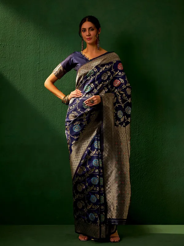 Dark_Blue_Art_Silk_Woven_Banarasi_Saree_With_Unstitched_Blouse_For_Women