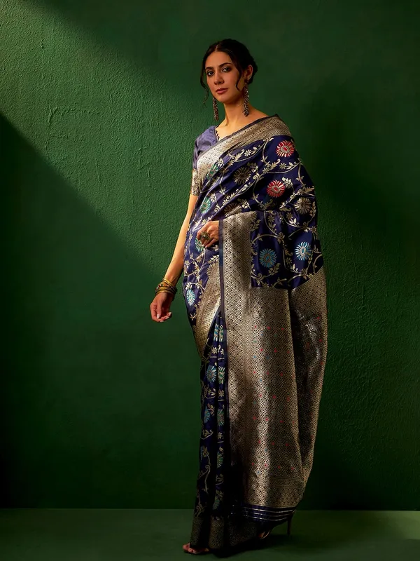 Dark_Blue_Art_Silk_Woven_Banarasi_Saree_With_Unstitched_Blouse_For_Women