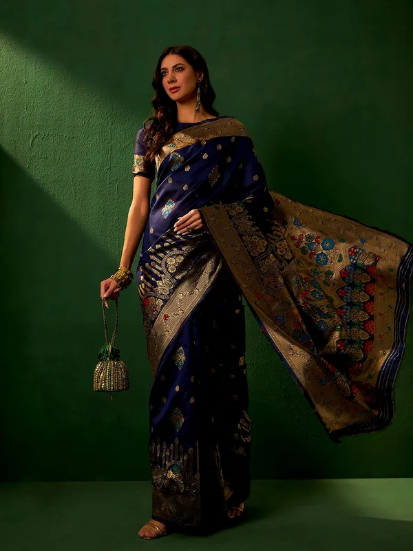 Dark_Blue_Art_Silk_Woven_Banarasi_Saree_With_Unstitched_Blouse_For_Women