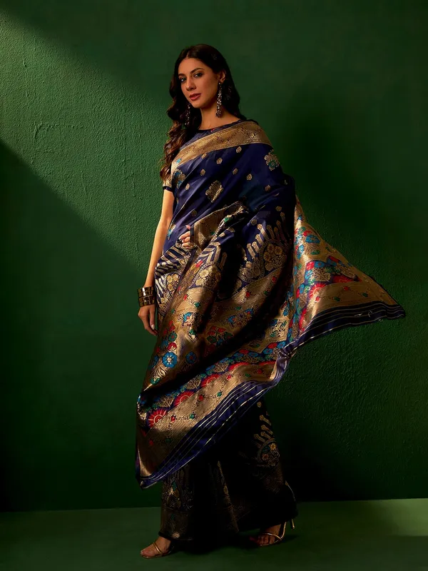 Dark_Blue_Art_Silk_Woven_Banarasi_Saree_With_Unstitched_Blouse_For_Women