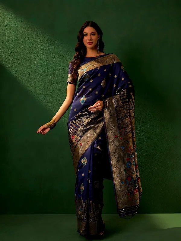 Dark_Blue_Art_Silk_Woven_Banarasi_Saree_With_Unstitched_Blouse_For_Women