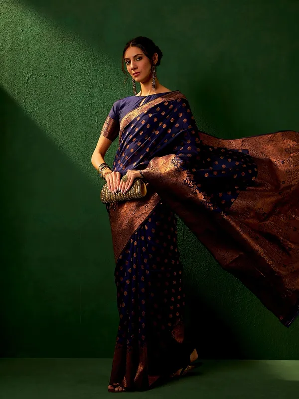 Dark_Blue_Art_Silk_Woven_Banarasi_Saree_With_Unstitched_Blouse_For_Women