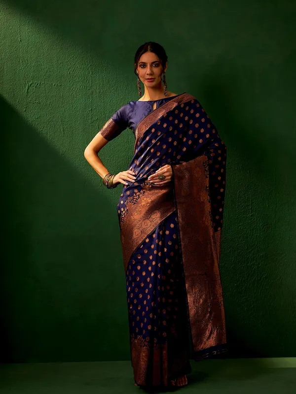 Dark_Blue_Art_Silk_Woven_Banarasi_Saree_With_Unstitched_Blouse_For_Women