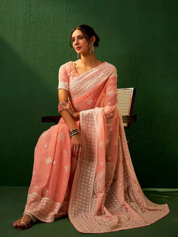 Brown_Cotton_Blend_Embroidered_Banarasi_Saree_With_Unstitched_Blouse_For_Women