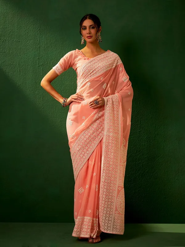 Brown_Cotton_Blend_Embroidered_Banarasi_Saree_With_Unstitched_Blouse_For_Women