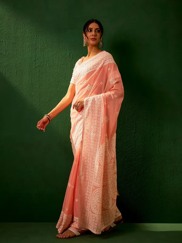 Brown_Cotton_Blend_Embroidered_Banarasi_Saree_With_Unstitched_Blouse_For_Women