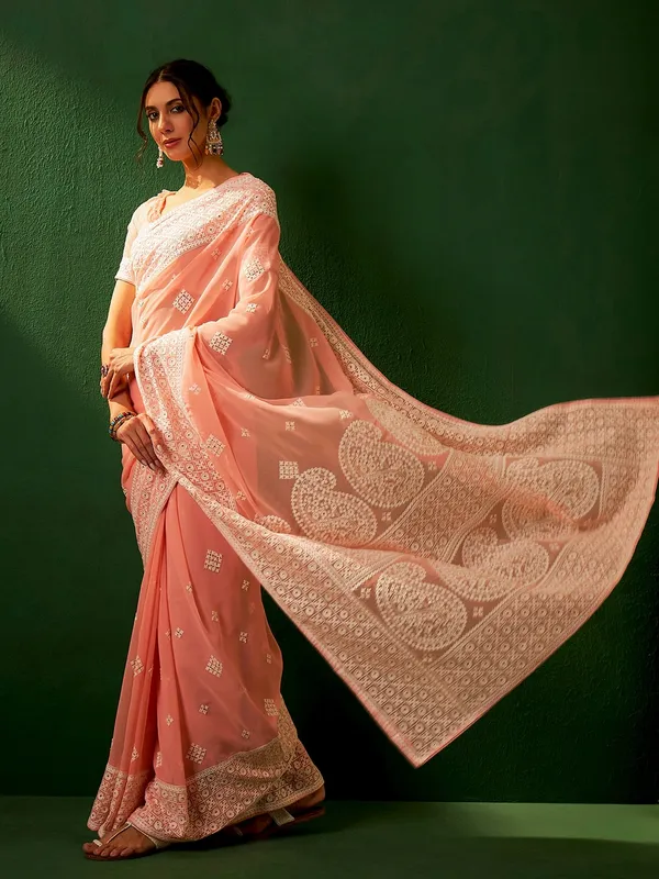 Brown_Cotton_Blend_Embroidered_Banarasi_Saree_With_Unstitched_Blouse_For_Women